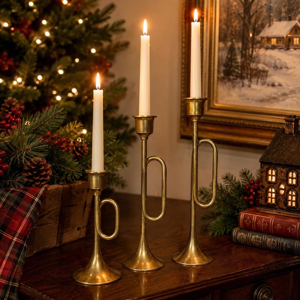 Vintage Brass Trumpet Candlesticks Set of 3 Taiwan MCM Candle Holders